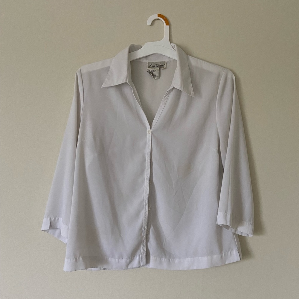 Fred David Vintage White Button Up Shirt Blouse with Three Quarter Sleeves